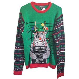 33 Degrees L Ugly Christmas Sweater Cat Mug Shot Long Sleeve Pullover New w/Tags